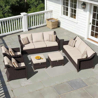 6 Piece Patio Furniture Set, Wicker Outdoor Conversation Set | Patio Chair Set with Olefin Removable Cushion, All-Weather Outdoor Couch with Deep Seat for Porch, Deck and Backyard, Beige