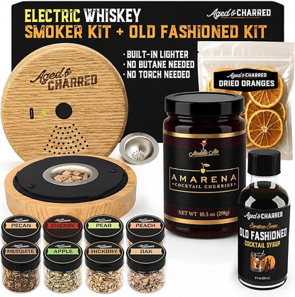 Old Fashioned Smoker Kit - Electric Cocktail Smoker Bundle with Syrup, Amarena Cherries, Orange Garnish and 8 Wood Chip Flavors - Electric Whiskey Smoker Kit