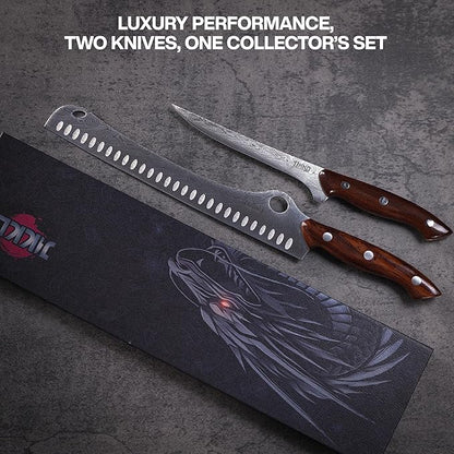 Jikko® SteelFang Edition – Japanese Brisket & Fillet Knife Set with Rosewood Handles | Premium Butcher & Carving Knives for Meat, BBQ, and Fish – Ultra Sharp High-Carbon Stainless Steel Blades