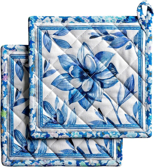 Maison d' Hermine Pot Holders 100% Cotton Heat Resistant Potholders 8" x 8" Hot Pads with Loop BBQ Cooking Baking Hotel Farmhouse Kitchen Handling Hot Pans Spring Summer (Pack of 2, Summer Blues)