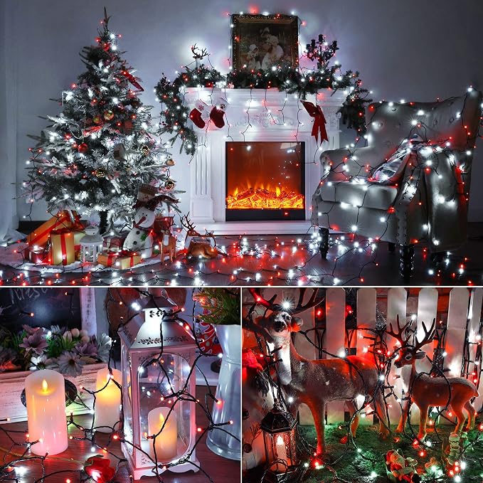 Brizled Red & White Christmas String Lights Indoor Outdoor, 78.74ft 240 LED | Connectable; 8 Modes; Waterproof; Timer; Twinkle Plug in Mini String Light for Xmas Tree Fireplace Party Valentine's Day