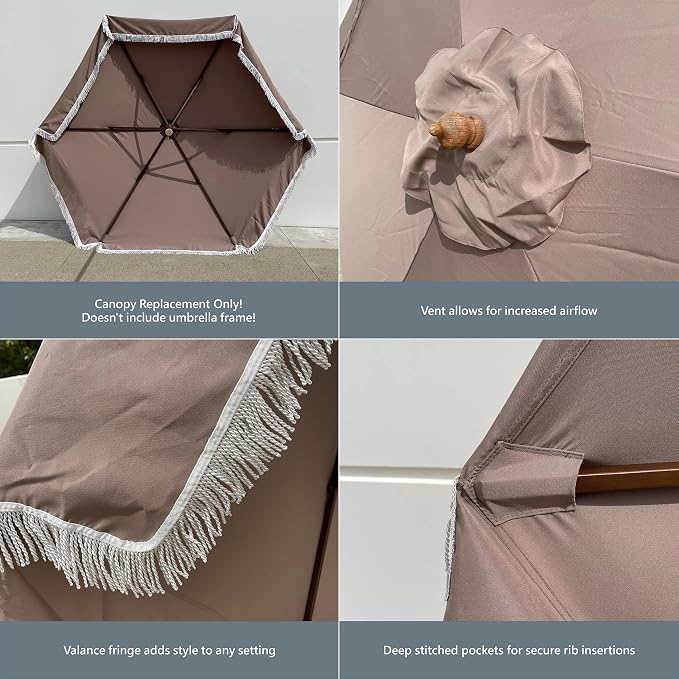 FORMOSA 9ft 6 Rib Market Premium Patio Umbrella Replacement Canopy - 300D UV Protective and Water Resistant Patio Canopy - Umbrella Replacement Cover (CANOPY ONLY) (Taupe Fringe)