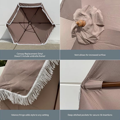 FORMOSA 9ft 6 Rib Market Premium Patio Umbrella Replacement Canopy - 300D UV Protective and Water Resistant Patio Canopy - Umbrella Replacement Cover (CANOPY ONLY) (Taupe Fringe)