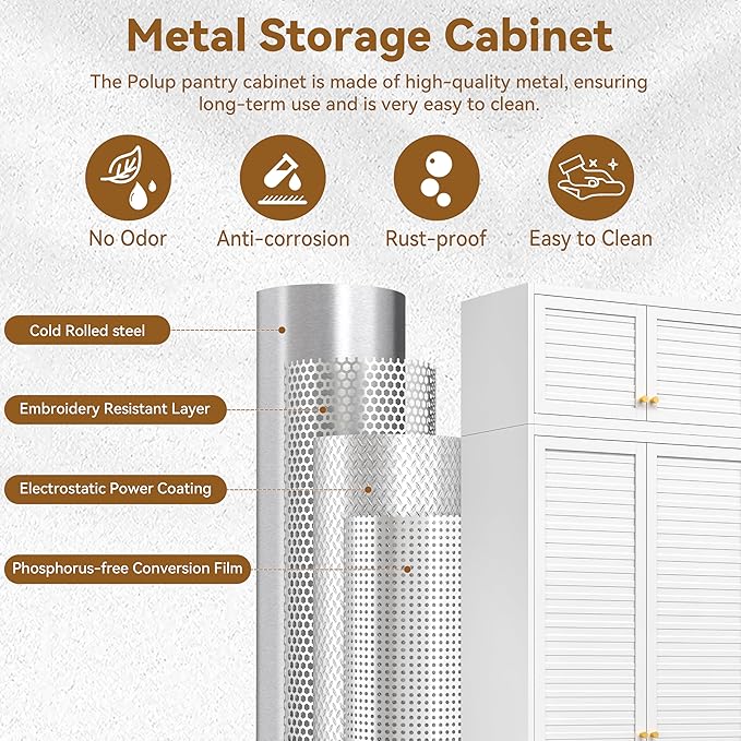 Polup Kitchen Pantry Cabinet, 90" Tall Metal Storage Cabinet, Food Pantry cabinets with Doors and Shelves, Steel Cabinets for Living Room, Dining, White,16" D x 32" W x 90" H, Assembly Required