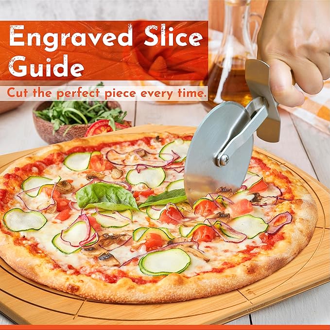 Wooden Pizza Peel 16 Inch Board with Engraved Sizes - Multi-Purpose Bamboo Pizza Cutting Board, Wood Pizza Peel, Pizza Spatula Paddle, and Serving Board with Size and Cutting Guide