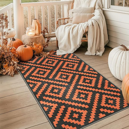GENIMO Outdoor Rug 3'x5' Waterproof for Porch, Plastic Door Mat Orange Noir | Outside Modern Carpet for Patio Decor, Balcony, Deck, Backyard, Picnic, Camping, RV, Reversible, Foldable, Lightweight