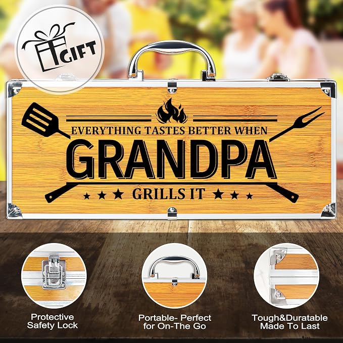 Grandpa Gifts from Grandkids, Grilling Gift Heavy Duty Wooden BBQ Grilling Accessories Kit, Thick Stainless Steel Grill Utensils with Non-Slip Handle Tools in Portable Bag on Fathers Day