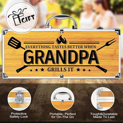 Grandpa Gifts from Grandkids, Grilling Gift Heavy Duty Wooden BBQ Grilling Accessories Kit, Thick Stainless Steel Grill Utensils with Non-Slip Handle Tools in Portable Bag on Fathers Day