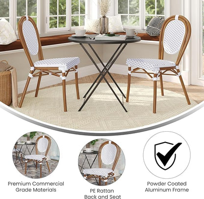 Flash Furniture Lourdes Indoor/Outdoor Commercial Thonet Bistro Stack Chair - White/Gray PE Rattan Back and Seat - Natural Bamboo Print Metal Frame - Set of 2