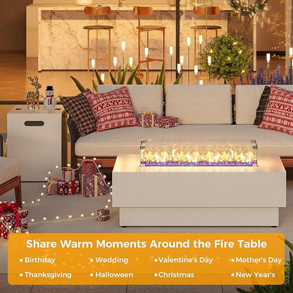 IRONCK 43-inch Outdoor Propane Fire Pit Table w Tank Table, CSA Certified, 2 in 1 Rectangular Patio Fire Pit w Glass Rocks, Wind Guard and Cover, 50000 BTU Outdoor Heater for Garden, Pool, White