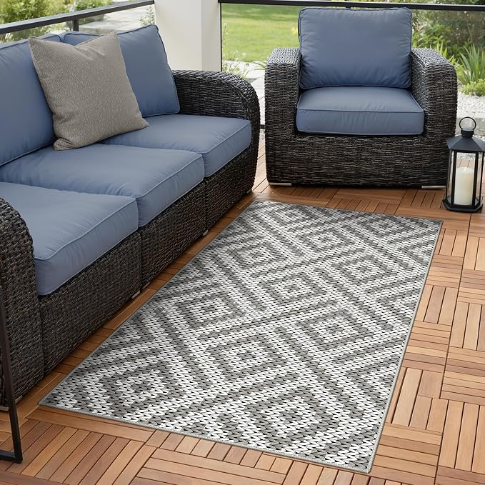 GENIMO Outdoor Rug 3'x5' Waterproof for Porch, Plastic Door Mat Cloud Grey | Outside Larger Modern Carpet Mat for Porch Decor, Deck, Balcony, Camping, RV, Backyard, Picnic, Beach, Reversible, Foldable