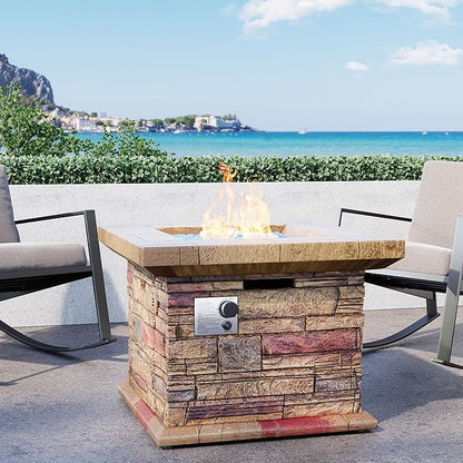 32" Outdoor Propane Fire Pit, Square Stonecrest Gas Firepit for Outside Patio, Concrete Propane Fire Table 50,000 BTU Gas Fire Pits with Lava Rocks, CSA Certified, Blue Fire Glass