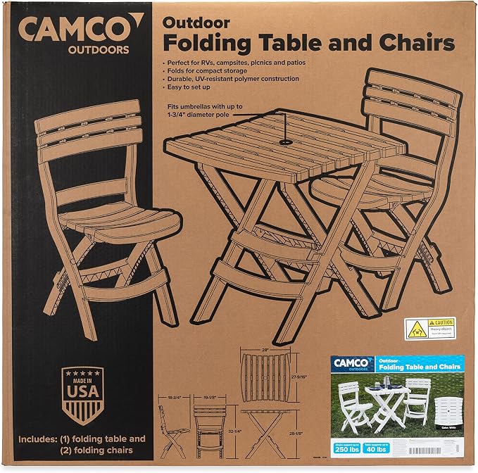 Camco Outdoor Table and Chair Set | Features Foldable Design for Compact RV Storage and Organization | Great for Camping, Events, Patios, and More | No-Tool Assembly | 3-Piece, White (51640)