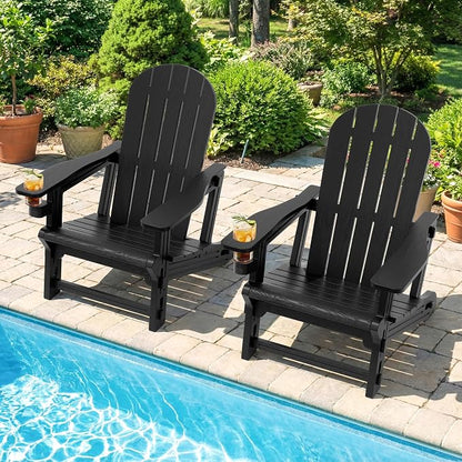 Shintenchi Adirondack Chairs Set of 2,HDPE Adirondack Chairs w/Removable Tablelop & Umbrella Hole,All-Weather Wooden Textured Plastic Outdoor Chairs w/Cup Holders for Garden Backyard Pool,Black