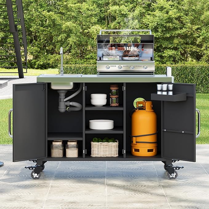 55.5" Outdoor Kitchen Island with Sink, Metal Grill Cart Table with 304 Stainless Steel Sink, Outdoor Bar Cart Sink Station with 4 Lockable Wheels and Storage Cabinet for BBQ Patio Garden (Black--@mi)