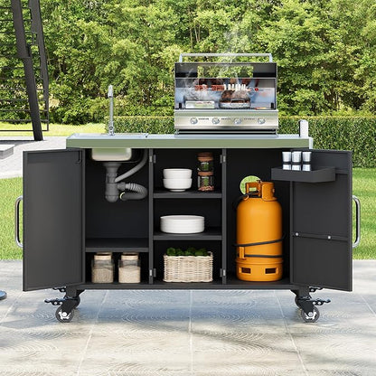 55.5" Outdoor Kitchen Island with Sink, Metal Grill Cart Table with 304 Stainless Steel Sink, Outdoor Bar Cart Sink Station with 4 Lockable Wheels and Storage Cabinet for BBQ Patio Garden (Black--@mi)