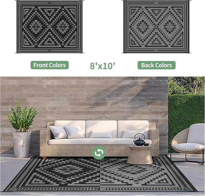 GENIMO Outdoor Rug, Waterproof Plastic Rugs for Patio, 8'x10' Charcoal Grey | Outside Larger Modern Carpet Mat for Porch Decor, Deck, Balcony, Camping, RV, Backyard, Picnic, Beach, Reversible, Foldable