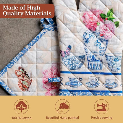 Maison d' Hermine 100% Cotton Oven Mitt & Pot Holder Set (7.5"x13" & 8"x8") Heat Resistant BBQ Cooking Gloves with Loop Baking Grilling Kitchen Hotel Home Farmhouse Spring Summer (Canton)