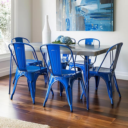 AC Pacific 18 Inch Seat Height Industrial Metal Dining Chairs, Stackable Kitchen or Bar Seat, Durable Modern Design, Versatile Accent Furniture, Set of 4, Blue
