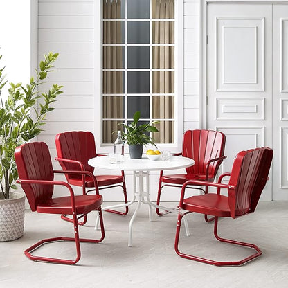 Crosley Furniture Ridgeland 5-Piece Outdoor Dining Set for 4, Retro Metal Round Patio Table and Chairs, Bright Red Gloss