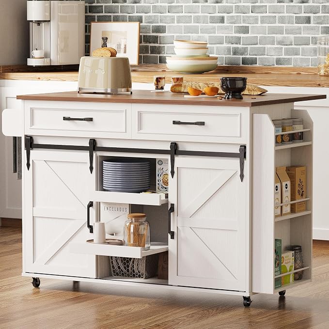 IRONCK Kitchen Island with Storage, Rolling Kitchen Island Cart with Drop Leaf Countertop and Pull-Out Shelf, Barn Doors, for Dining Room, Home Bar, White