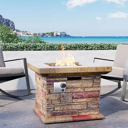 32" Outdoor Propane Fire Pit, Square Stonecrest Gas Firepit for Outside Patio, Concrete Propane Fire Table 50,000 BTU Gas Fire Pits with Waterproof Cover, Red Fire Glass