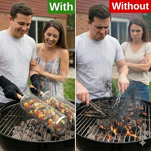 Rolling Grill Basket Fathers Day Gifts For Dad Removable Wooden Handle 304 Stainless Steel Nesting Smoker Net BBQ Grilling Accessories Tools Kebab Fish Vegetable Steamer Basket Camping Cooking Outdoor Kitchen Food Rotisserie Barbeque Cooking Grilling G...
