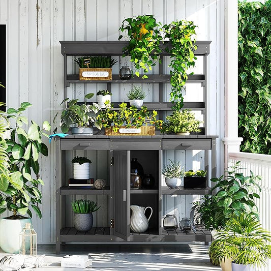 Merax 66" Large Outdoor Farmhouse Wooden Potting Bench Table, Garden Workstation with 2 Drawers, Cabinet, and Open Shelves for Backyard, Mudroom, Grey