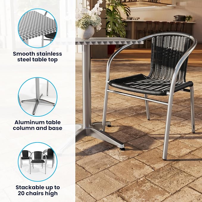 Flash Furniture 27.5'' Square Aluminum Indoor-Outdoor Table Set with 2 Black Rattan Chairs | Indoor/Outdoor Use, Black Rattan Chairs