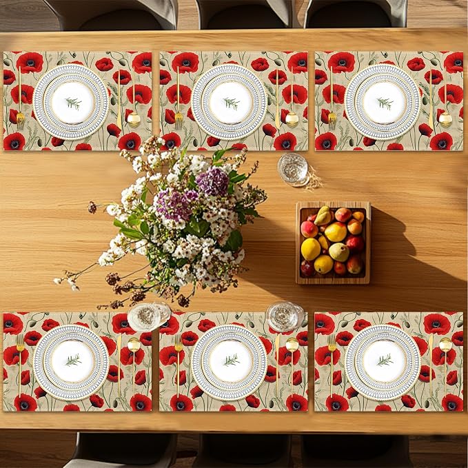 Poppy Flowers Placemats Set of 6,Red Bright Table Mates Non-Slip Heat Resistant Washable Linen Place Mats for Party Kitchen Dining Decoration Indoor Outdoor 12"x18"