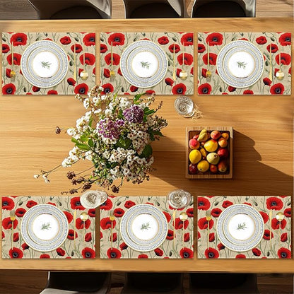 Poppy Flowers Placemats Set of 6,Red Bright Table Mates Non-Slip Heat Resistant Washable Linen Place Mats for Party Kitchen Dining Decoration Indoor Outdoor 12"x18"