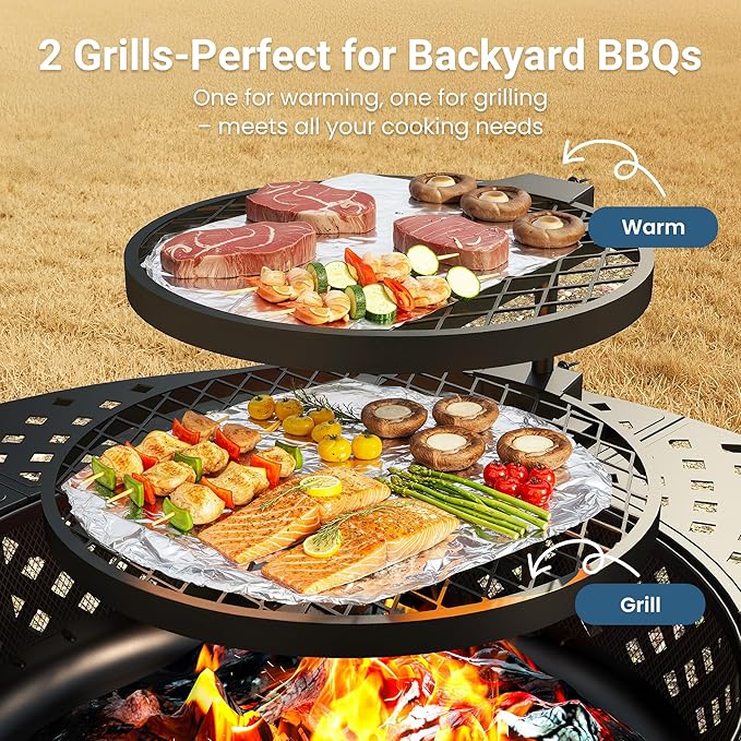 Wisteria Lane 3 in 1 48" Extra Large Fire Pit for Outside Wood Burning with 2 Adjustable Grills, Outdoor Fireplace with Lid and Fire Poker, BBQ & Bonfire & Round Metal Table for Patio, Backyard
