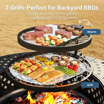 3 in 1 43" Large Fire Pit for Outside Wood Burning with 2 Adjustable Grills | Outdoor Fireplace with Lid and Fire Poker, Firepit with BBQ & Bonfire & Round Metal Table for Patio, Backyard, Deck, Yard