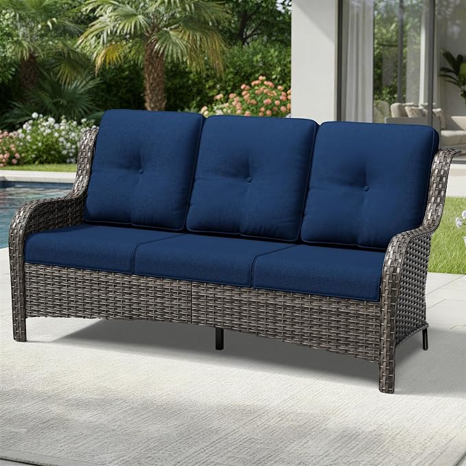 Joyside Outdoor Patio Couch, 3 Seater Outdoor Wicker Sofa with High Back, Deep Seating, Wide Armrest, Thickened Cushions, Patio Sofa for Deck, Porch Use