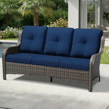 Joyside Outdoor Patio Couch, 3 Seater Outdoor Wicker Sofa with High Back, Deep Seating, Wide Armrest, Thickened Cushions, Patio Sofa for Deck, Porch Use