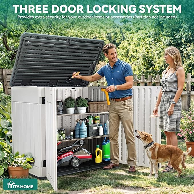 YITAHOME Large Outdoor Horizontal Storage Shed, 47 cu ft Resin Tool Shed w/o Shelf, Outdoor Waterproof Storage with Floor for Trash Cans, Garden Tools, Lawn Mower, Lockable, 4.5x2.8x3.9 ft, Light Gray