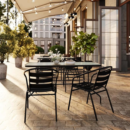 Flash Furniture Lila 5 Piece Patio Dining Set - 55" Tempered Glass Patio Table with Umbrella Hole - 4 Black Metal Aluminum Slat Stack Chairs