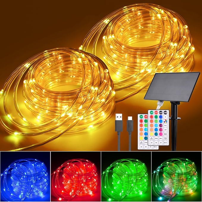 Solar Rope Lights Outdoor Waterproof 99Ft 300 LED String Light | Solar Powered & USB with Remote, 18 Colors Changing Strip Fairy Light for Outside Trampoline Tree Yard Pool Christmas Decor