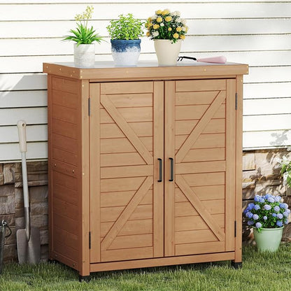 Outdoor Storage Cabinet & Potting Bench Table with Metal Top, Wooden Patio Furniture, Garden Workstation (Light Brwon, 36x31x17in)