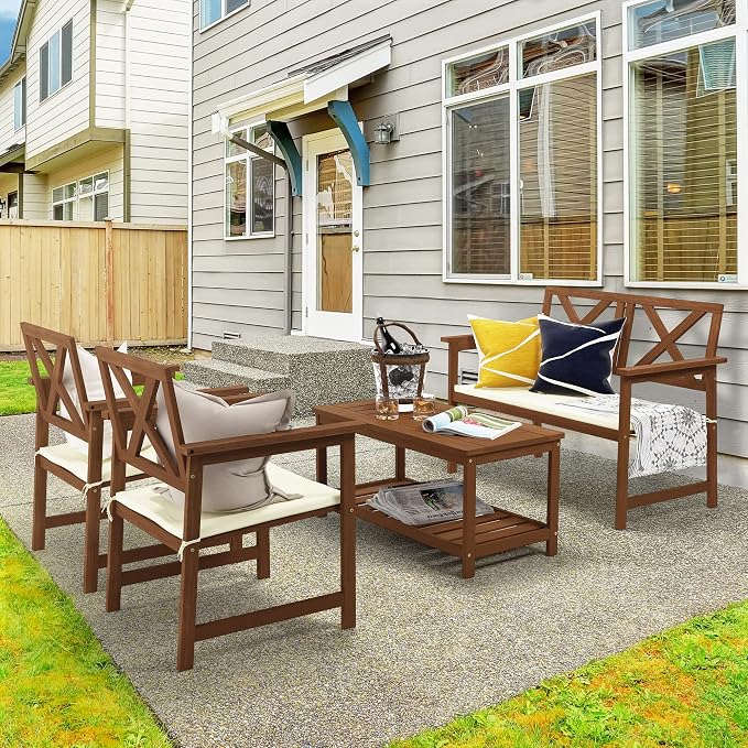 Furinno TIOMAN 2-Tier Outdoor Patio Table with Open Shelf, Natural | Slatted Hardwood Tabletop, Side Table, Coffee Table, in Teak Oil, for Patio, Garden, Porch