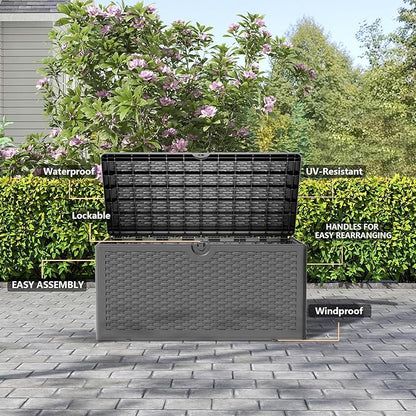 Outdoor Storage Box, 90 Gallon Lockable Resin Deck Box Waterproof, Patio Storage Bin for Furniture Cushion, Garden Tools and Pool Accessories, UV-Resistant Bench Cabinet for Outside, Black
