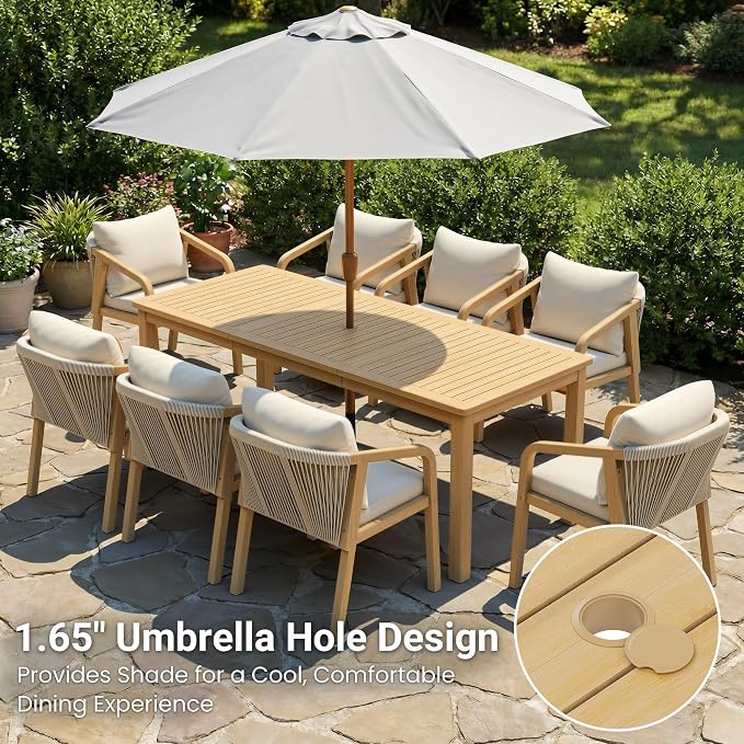 FansaFurn 3-Piece Acacia Patio Table and Chairs Set for All-Weather | Outside Furniture with Table Umbrella Hole and Removable Cushion, Backyard Furniture with Outdoor Bench for Lawn Garden