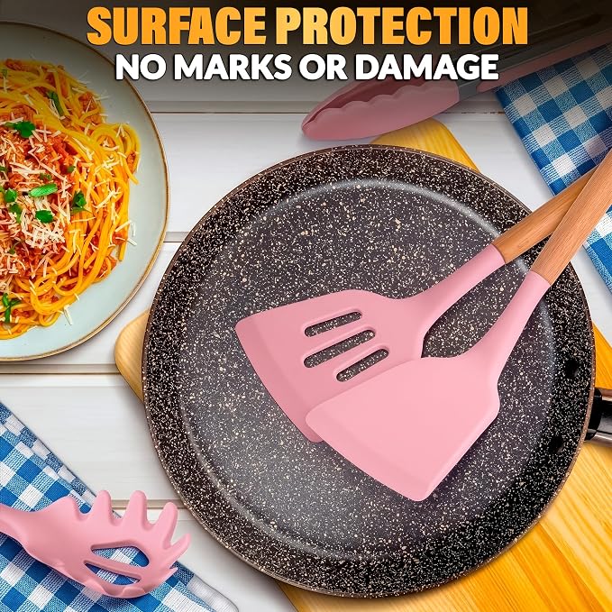 12 Pcs Pink Cooking Utensils Set with Holder for Nonstick Cookware | Silicone Kitchen Utensils Set for BBQ; Heat-Resistant Tools with Wooden Handles for Baking, Serving, Frying, and Mixing