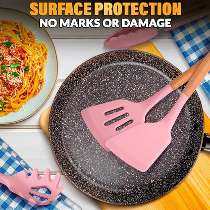 12 Pcs Pink Cooking Utensils Set with Holder for Nonstick Cookware | Silicone Kitchen Utensils Set for BBQ; Heat-Resistant Tools with Wooden Handles for Baking, Serving, Frying, and Mixing