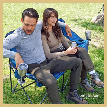 ARROWHEAD OUTDOOR Portable Folding Double Duo Camping Chair Loveseat | 2 Cup and Wine Glass Holder, Heavy-Duty Carrying Bag, Padded Seats and Armrests, Supports up to 650lbs, Beach, Tailgating