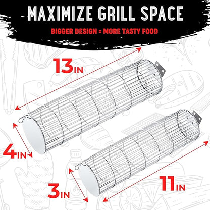 SHIZZO Rolling Grill Basket, Removable Wooden Handle, Extra Sturdy Cylinder Grilling Basket, Food Grade Stainless Steel, Portable Outdoor Camping accessories BBQ Net Rack, Cooking Griller for Fish, Vegetables, and More - Gifts for Men Dad Husband - Set...