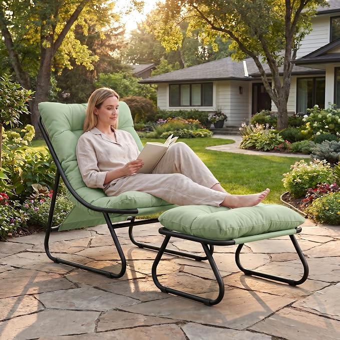Rocking Chair with Ottoman, Modern Metal Frame Outdoor Rocker, Comfy Patio Lounge Chair with Footrest, Reading Glider Chairs for Living Room, Bedroom, Balcony, Garden, Relax, Light Green