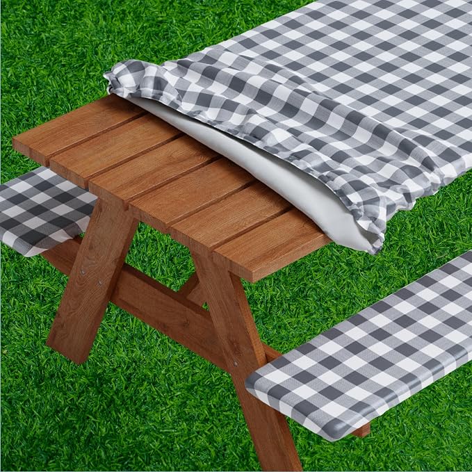 Picnic Table Cover with Bench Covers -Fitted with Elastic, Vinyl with Flannel Back, Fits for Table 30"x 96" Rectangle,Water Proof, Checked Grey Design