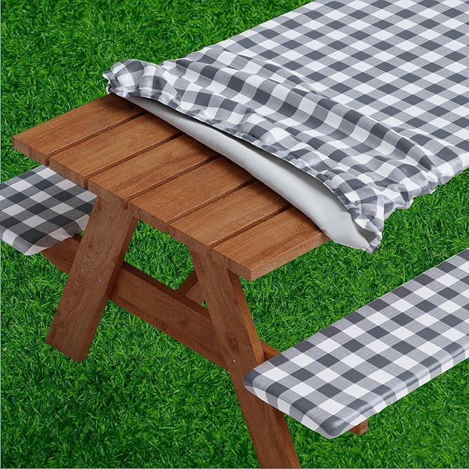 Picnic Table Cover with Bench Covers -Fitted with Elastic, Vinyl with Flannel Back, Fits for Table 30"x 60" Rectangle,Water Proof, Checked Grey Design