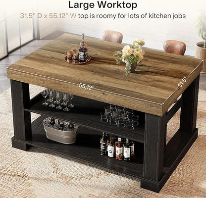 Tribesigns 55" Kitchen Island with Seating and Storage, 3-Tier, Farmhouse | Wood Stationary Island Table with Large Worktop & Legroom, Heavy Duty, Coffee Bar Table with Storage Shelf for Kitchen, Black